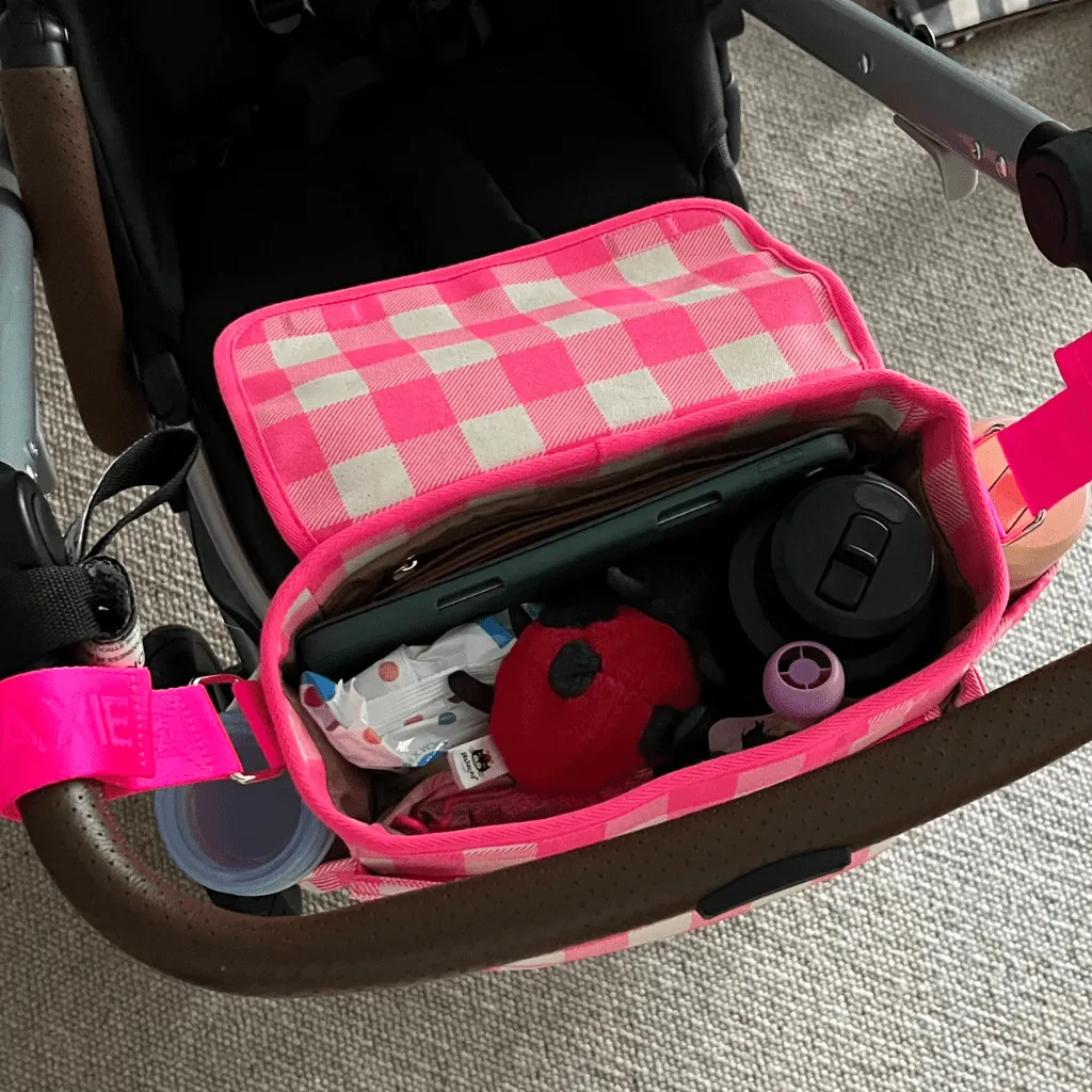 Carryall Pram Caddy -- Neon Pink Gingham