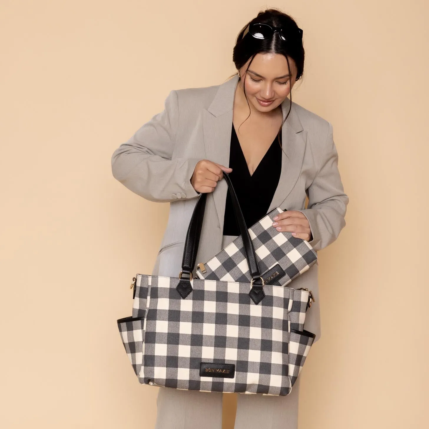 Carryall Tote   Pouch --  Black Gingham