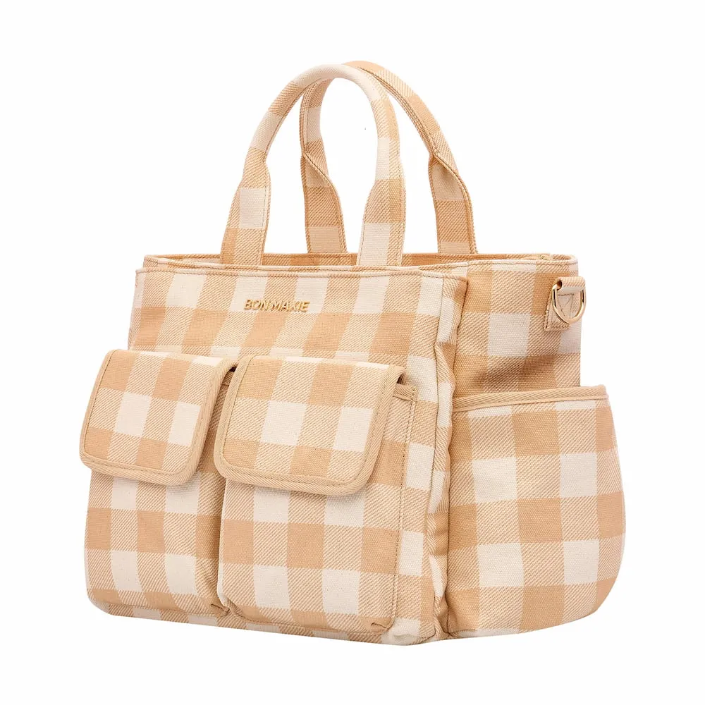Everyday Multi-Pocket Tote Bag -- Almond Gingham