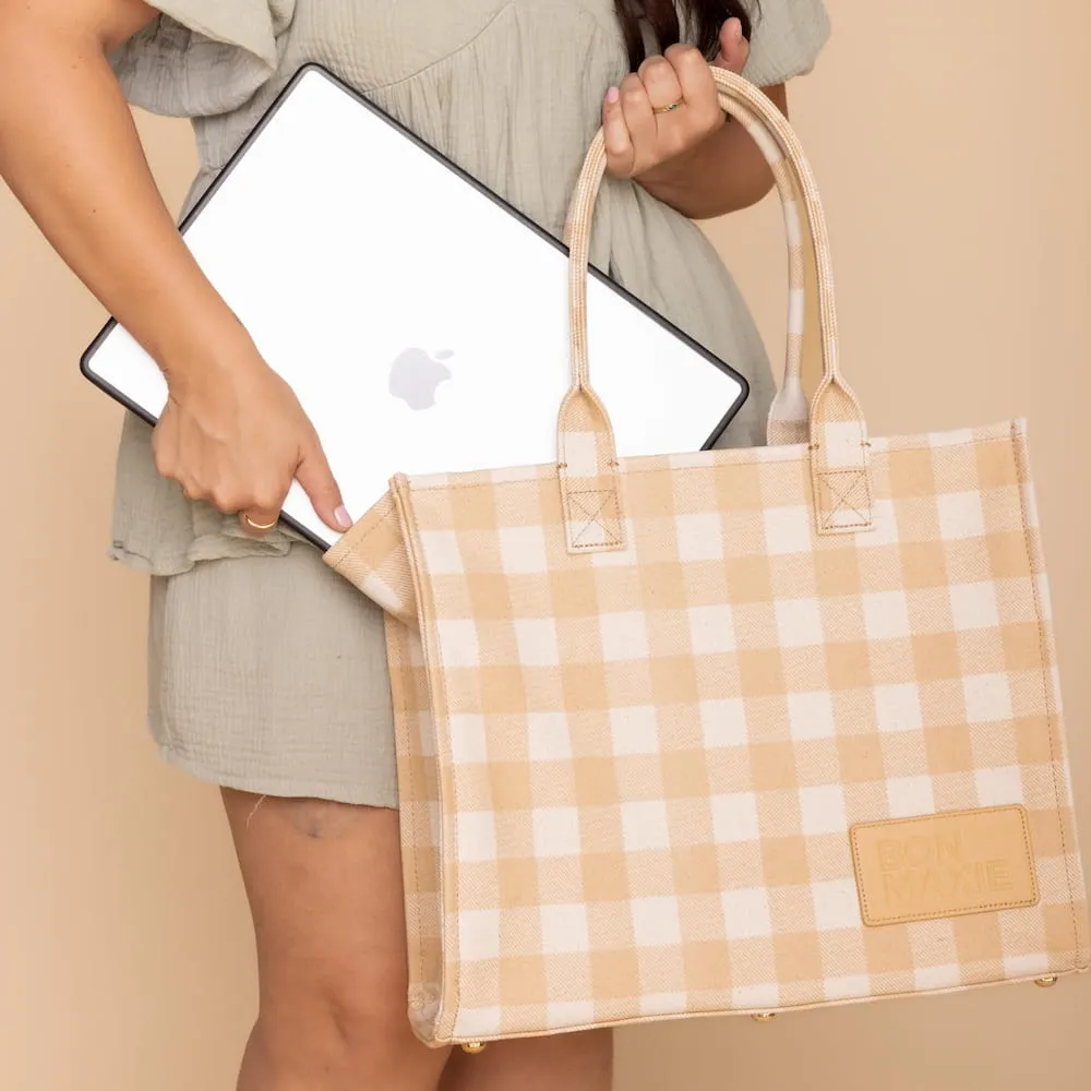 Large Bon Vivant Structured Tote Bag -- Almond Gingham