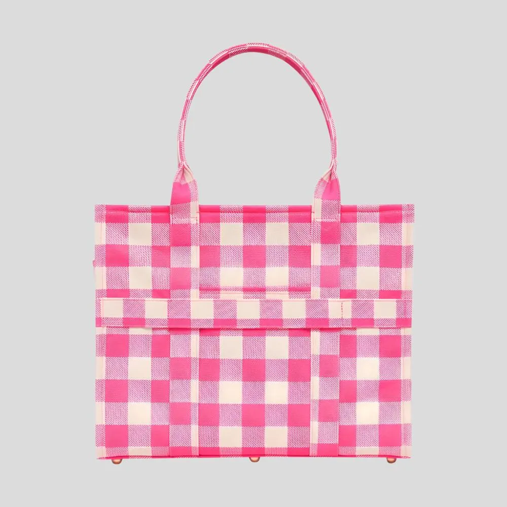 Large Bon Vivant Structured Tote Bag -- Neon Pink Gingham