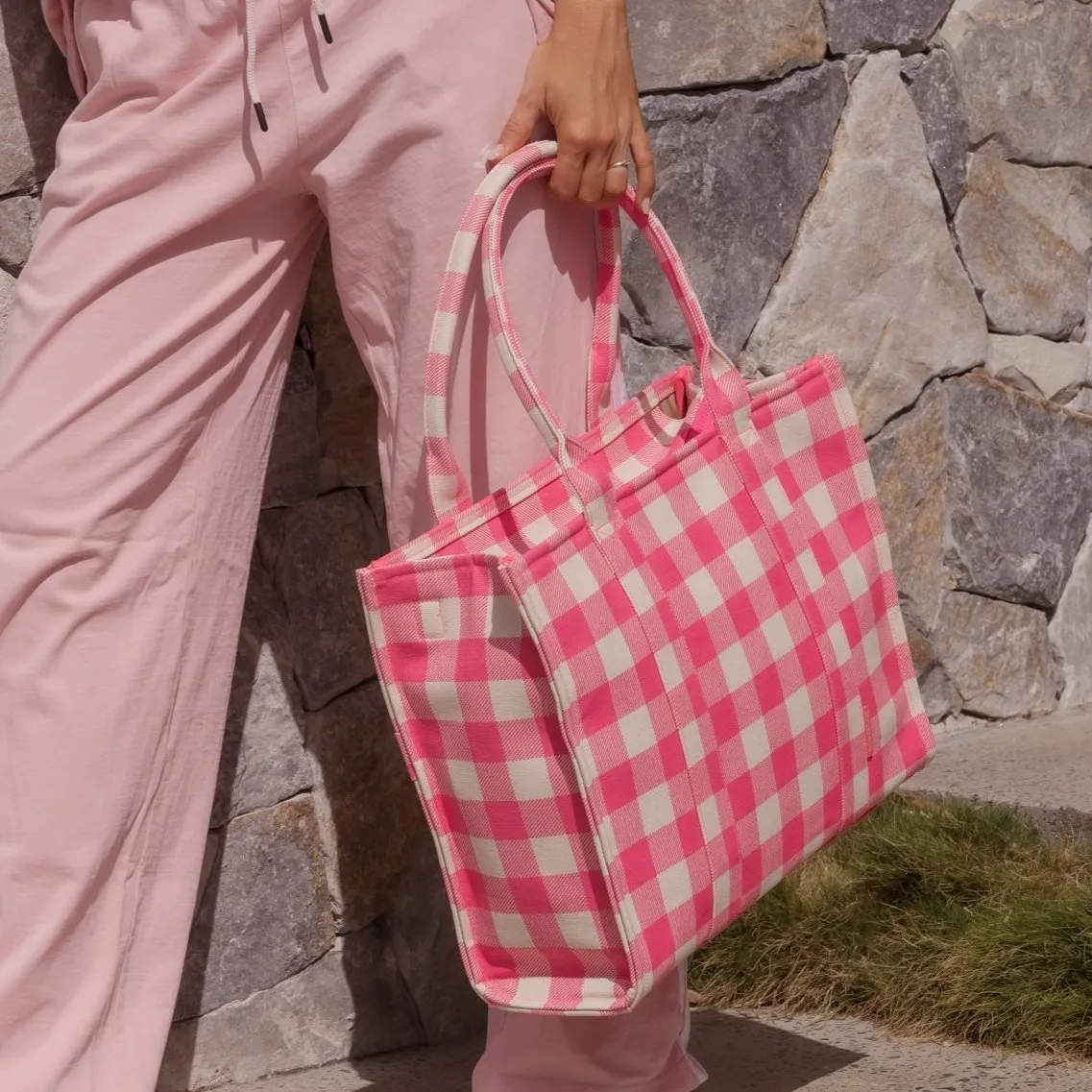 Large Bon Vivant Structured Tote Bag -- Neon Pink Gingham