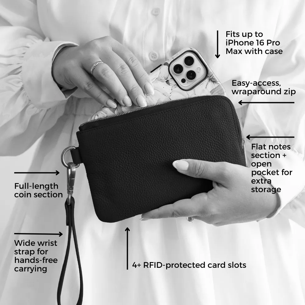 Leather Phone Wallet Pouch -- Black Houndstooth