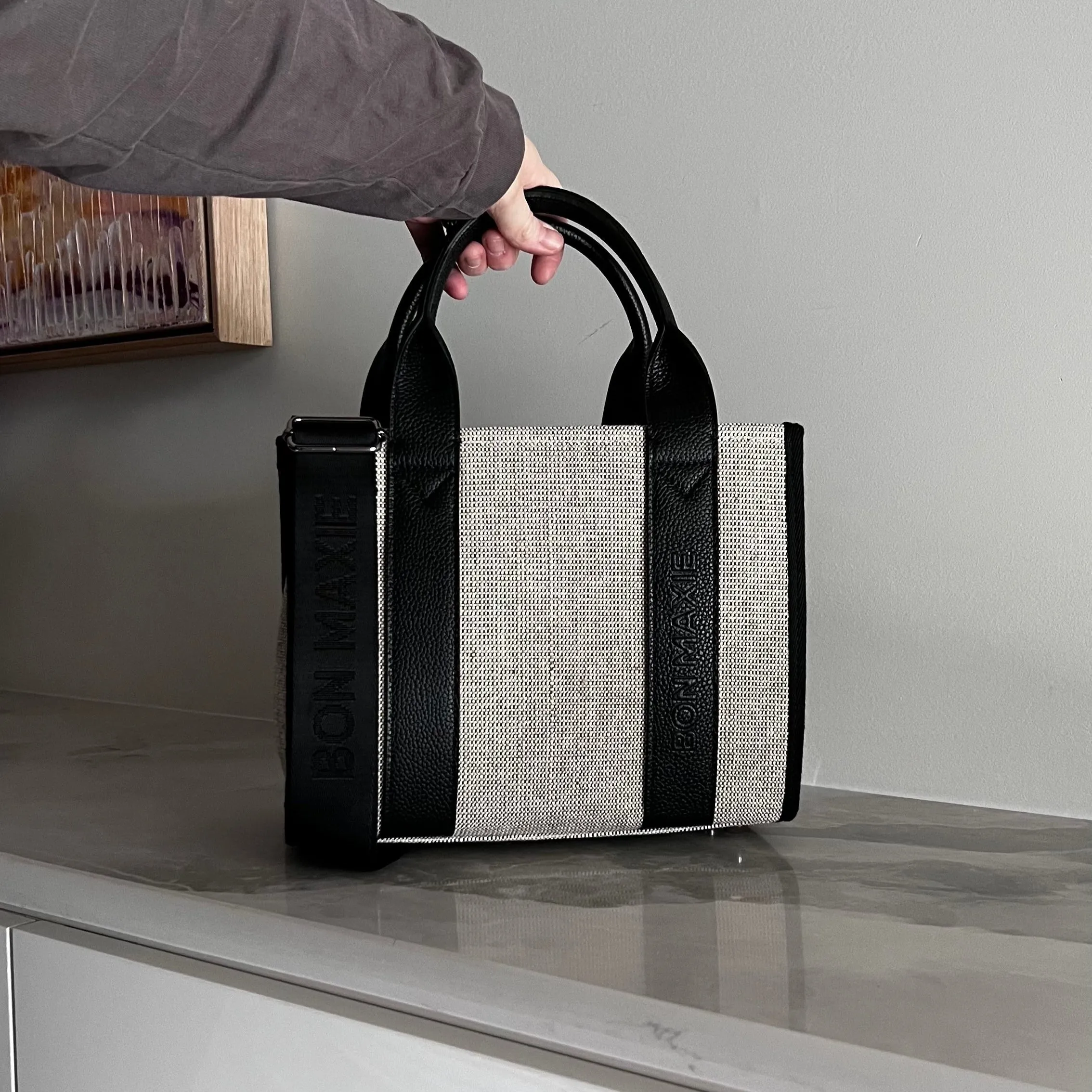 Micro Bon Vivant Structured Tote Bag -- Jute Black Leather