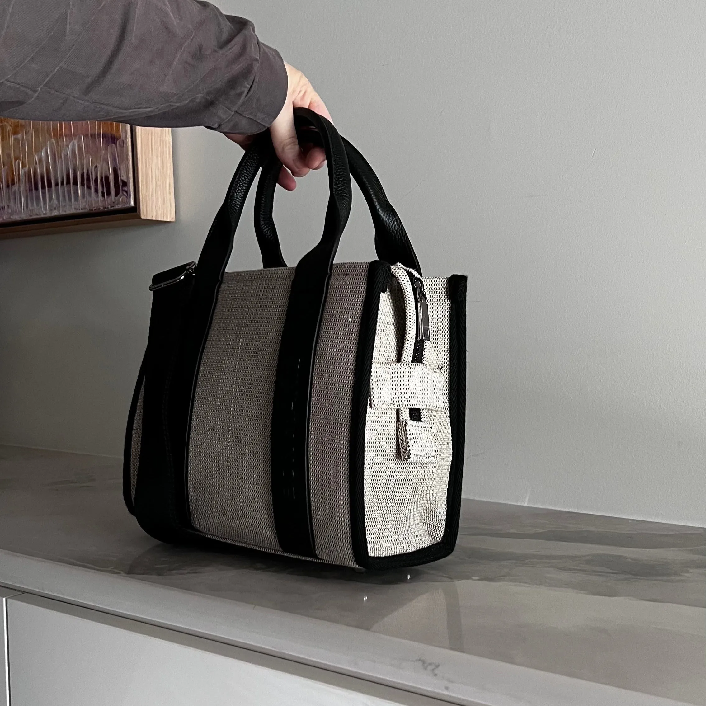 Micro Bon Vivant Structured Tote Bag -- Jute Black Leather