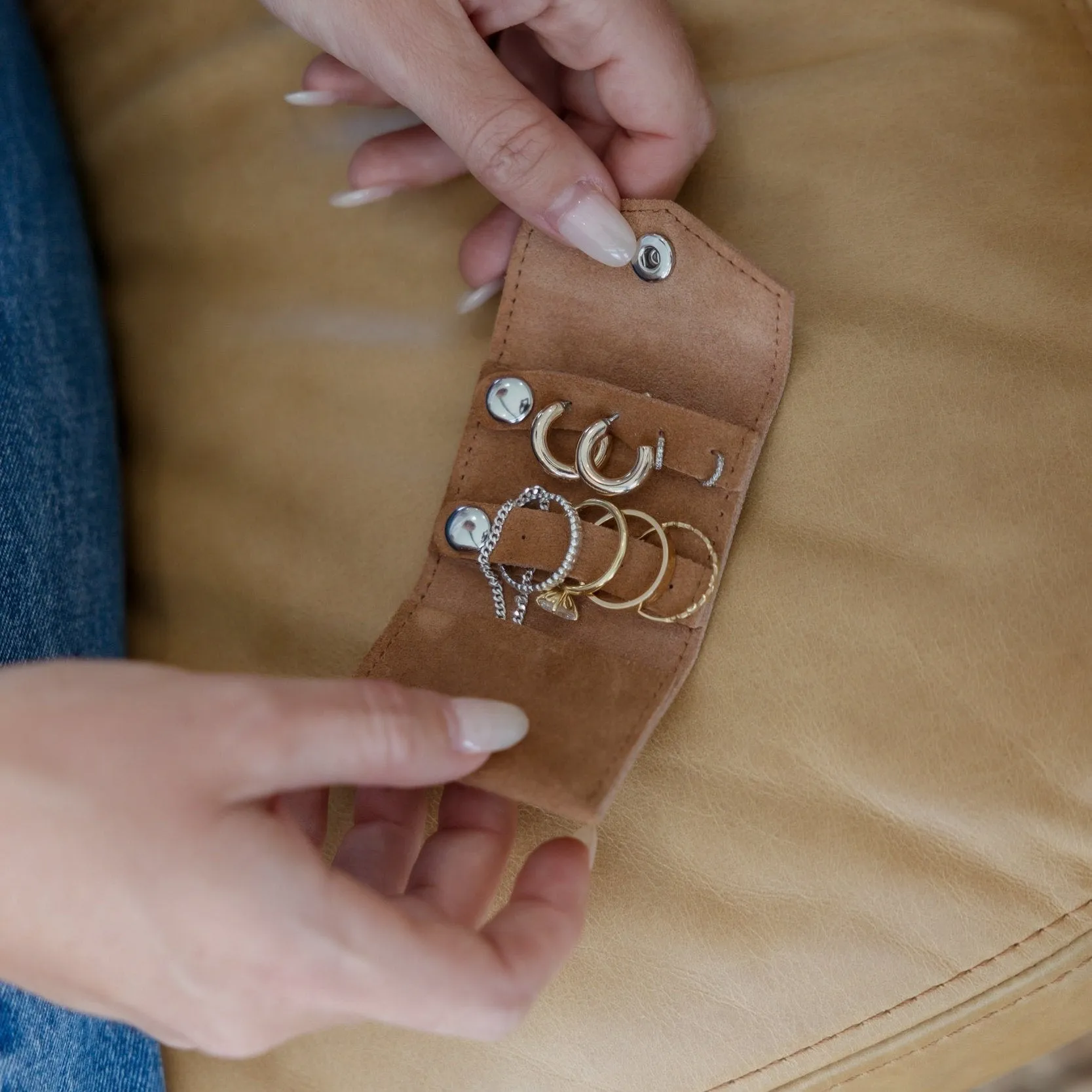 Mini Leather Jewellery Case -- Tan Suede