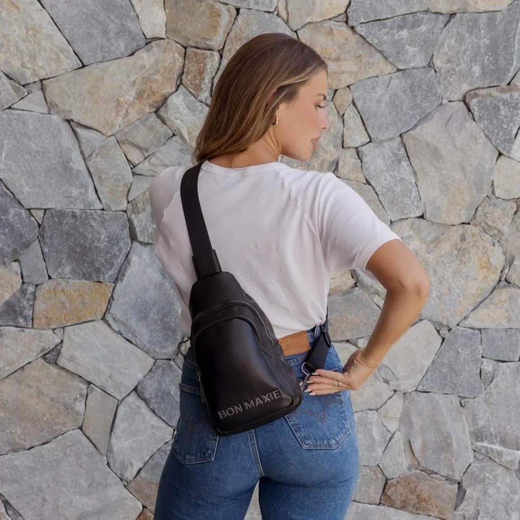 Multiwear Leather Crossbody Sling Bag -- Black Bold Logo