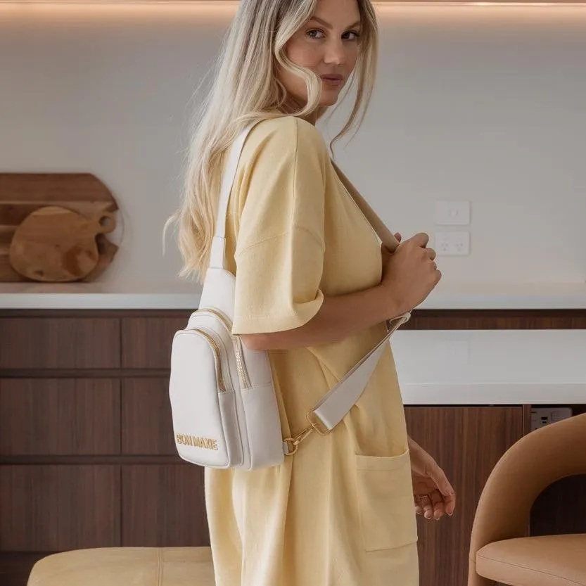 Multiwear Leather Crossbody Sling Bag -- Cream Bold Logo