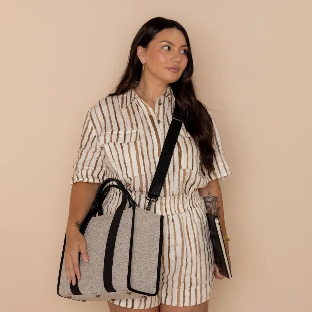 Small Bon Vivant Structured Tote Bag -- Jute Canvas Black Leather