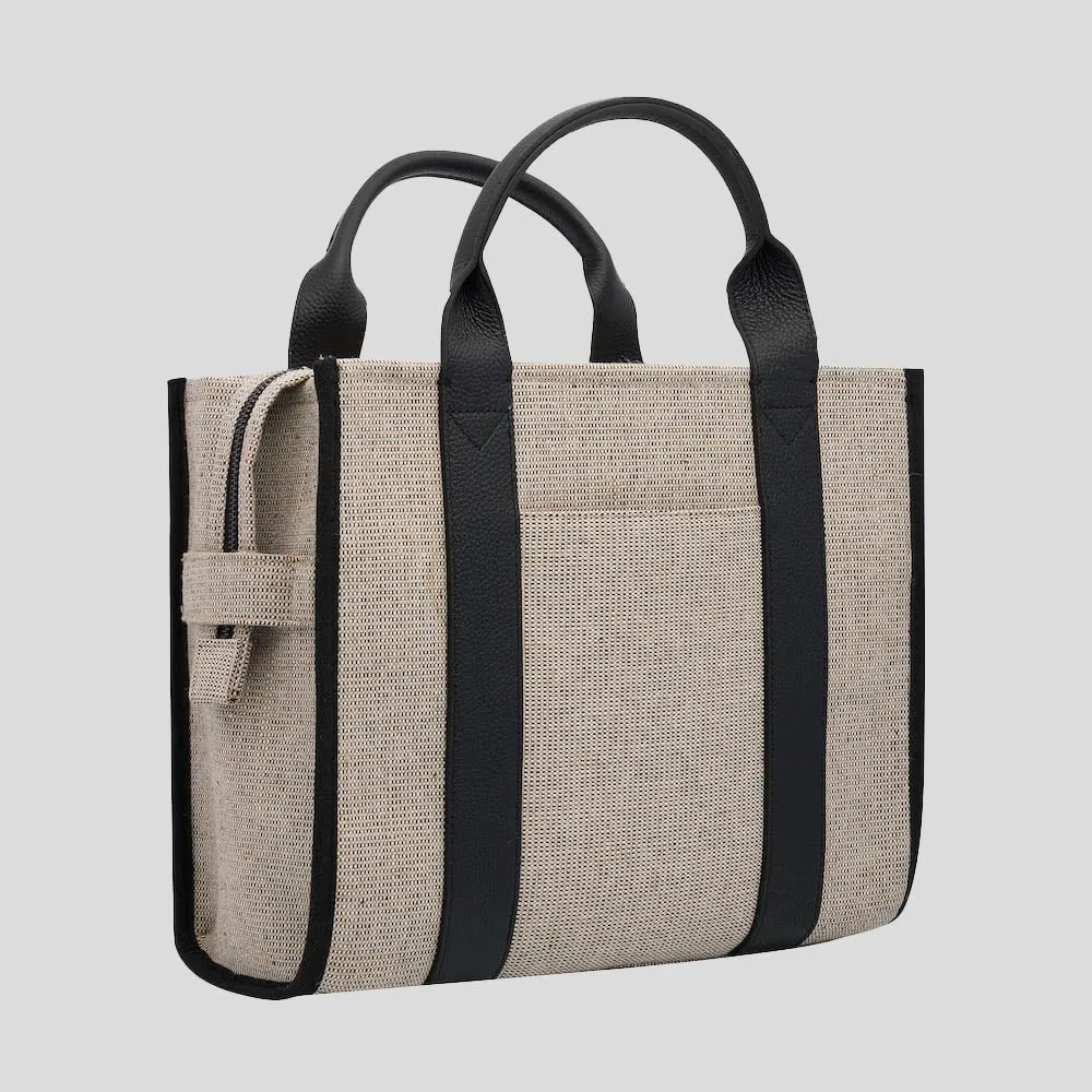 Small Bon Vivant Structured Tote Bag -- Jute Canvas Black Leather