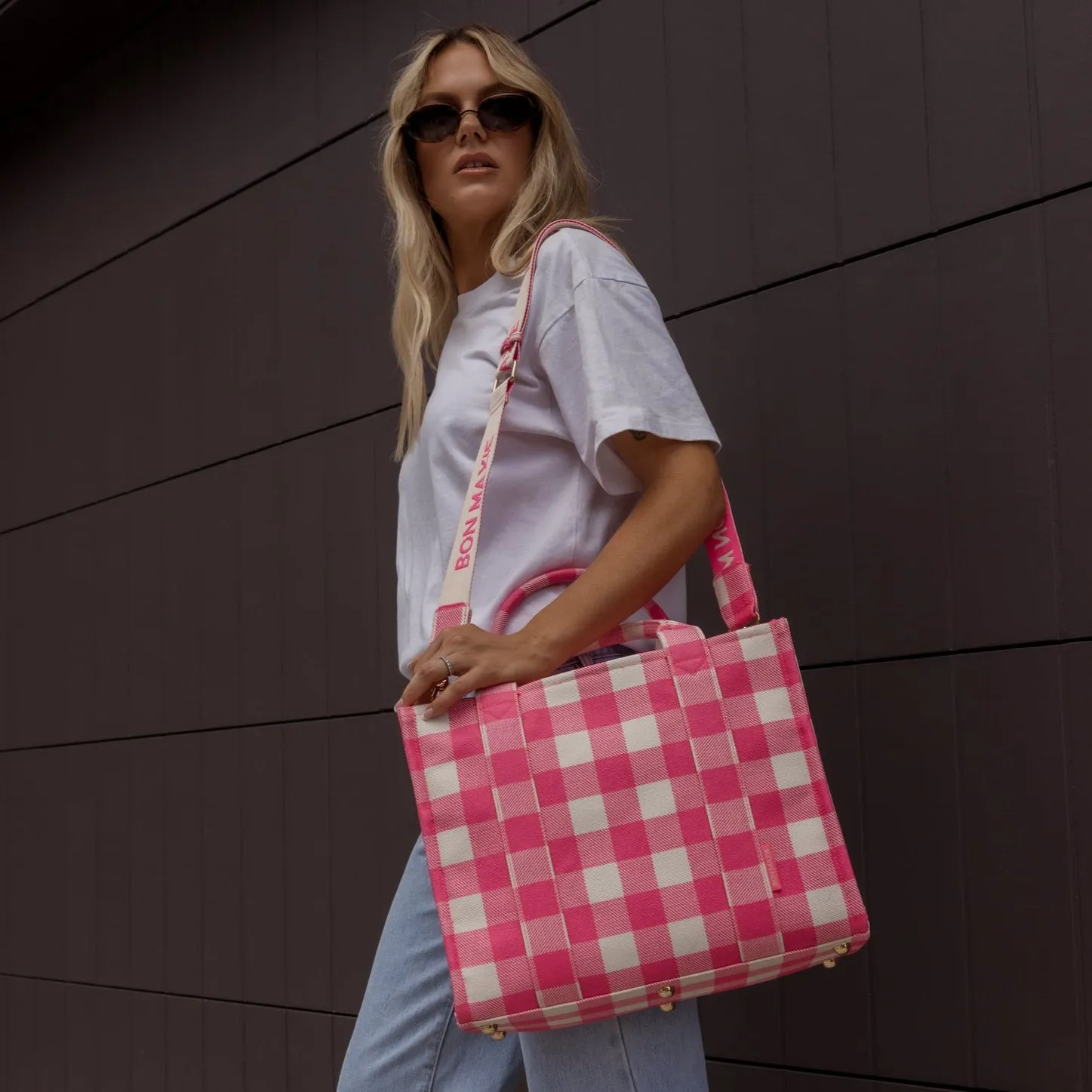 Small Bon Vivant Structured Tote Bag -- Neon Pink Gingham