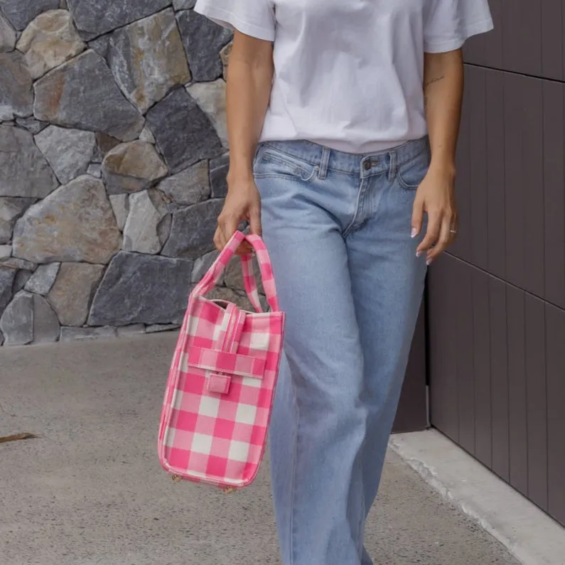 Small Bon Vivant Structured Tote Bag -- Neon Pink Gingham
