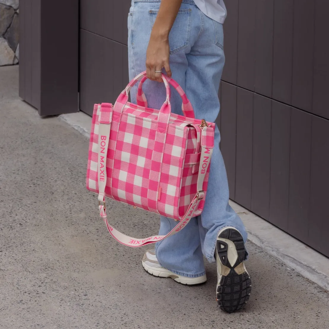 Small Bon Vivant Structured Tote Bag -- Neon Pink Gingham