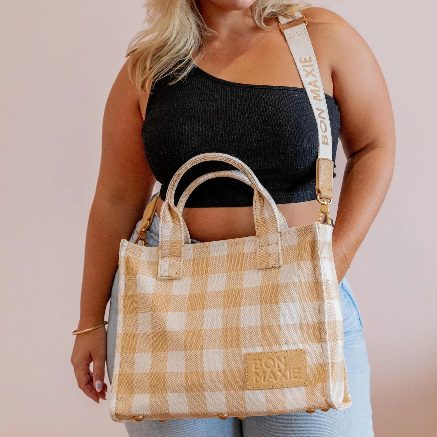 Small Structured Tote Bag -- Almond Gingham