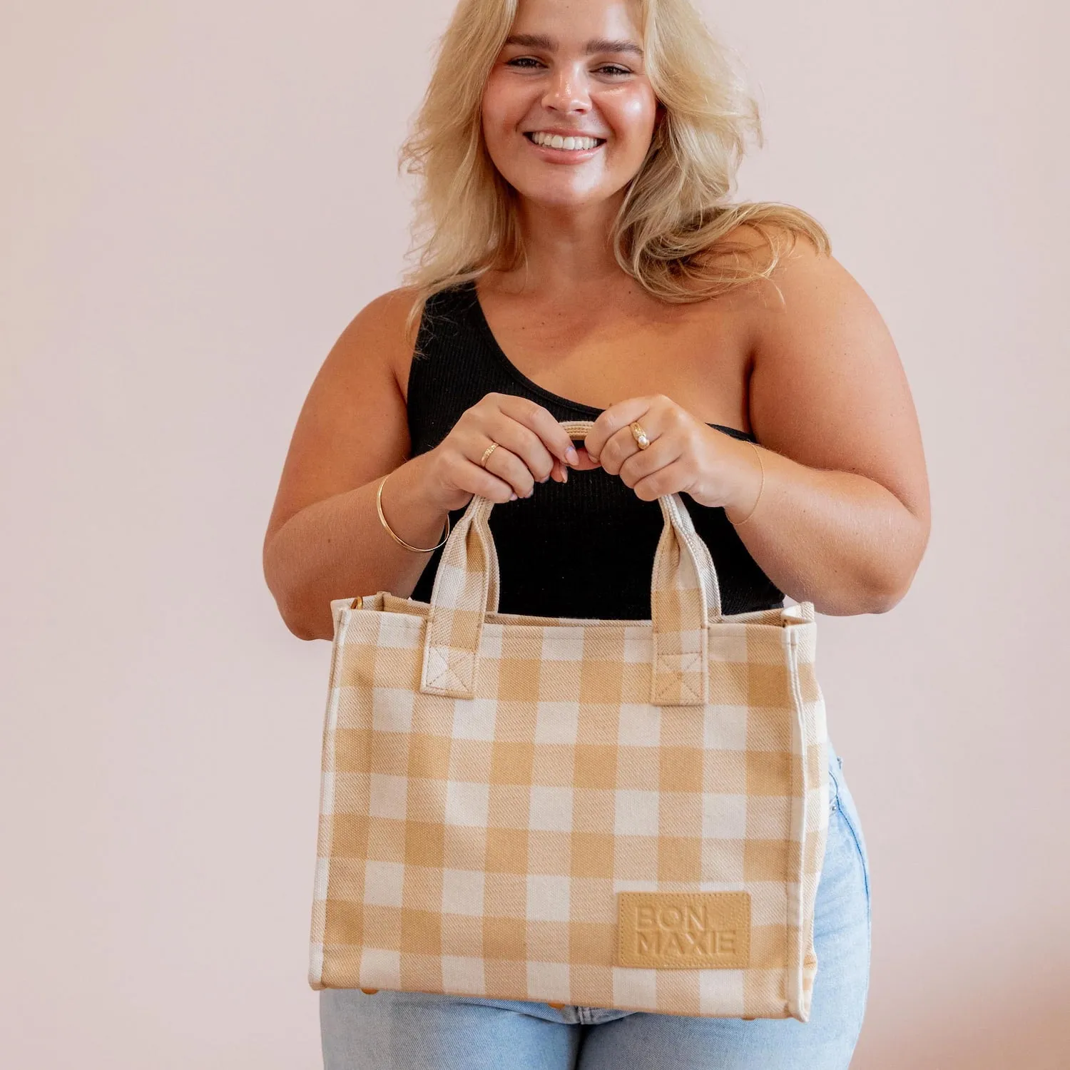 Small Structured Tote Bag -- Almond Gingham