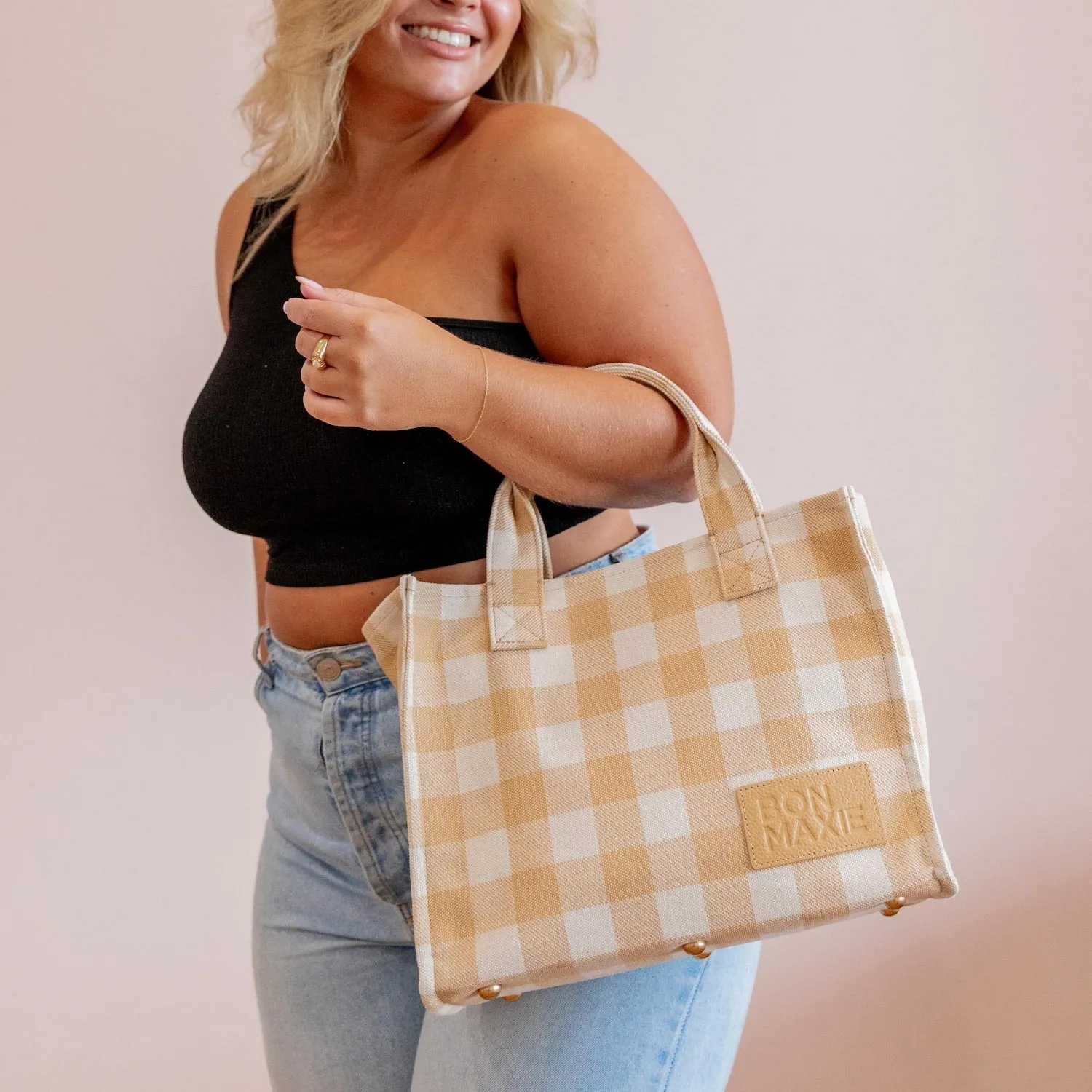 Small Structured Tote Bag -- Almond Gingham