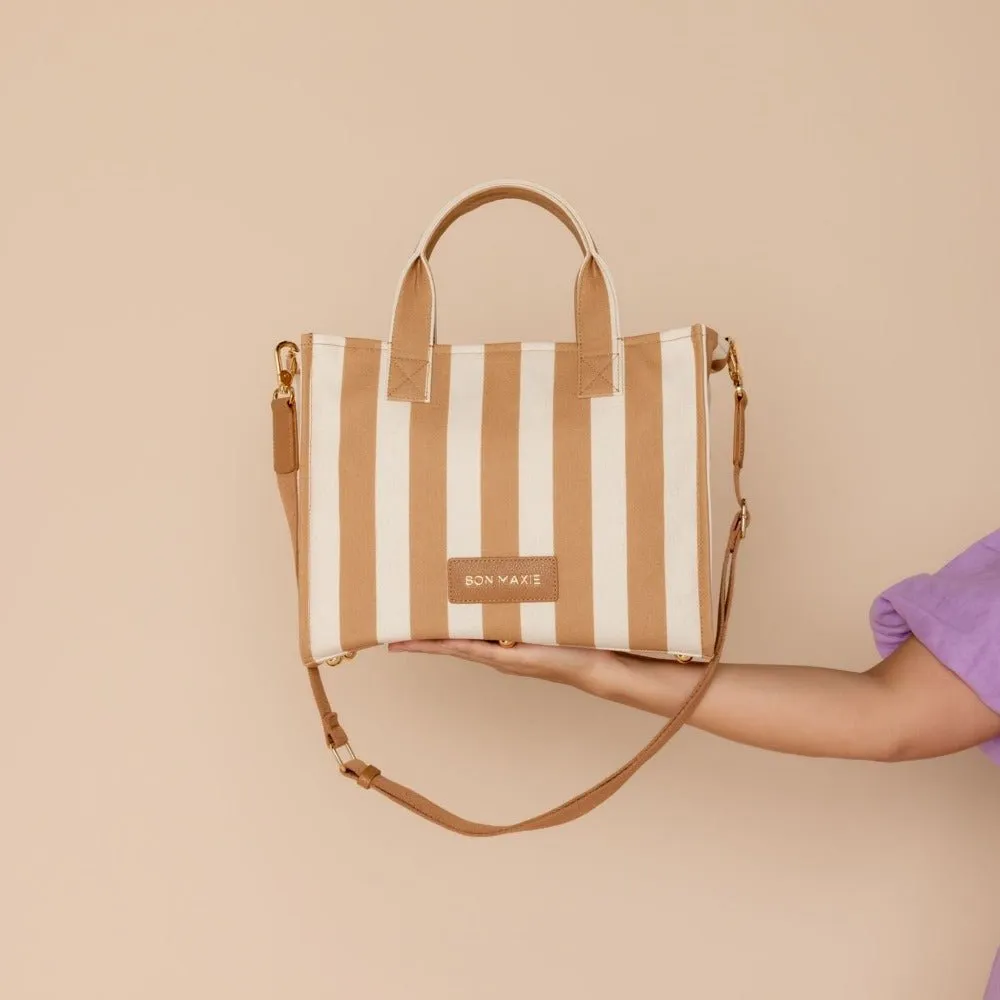 Small Structured Tote Bag -- Tan Stripe